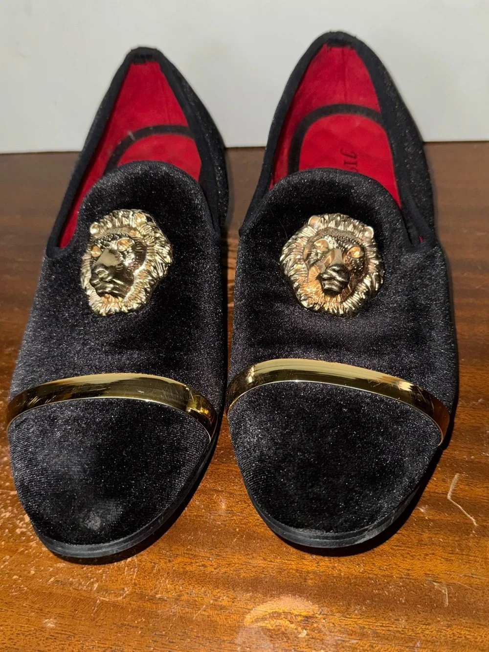 Tai Black Velvet Men's Slip-On Loafers with Gold Lion Medallion